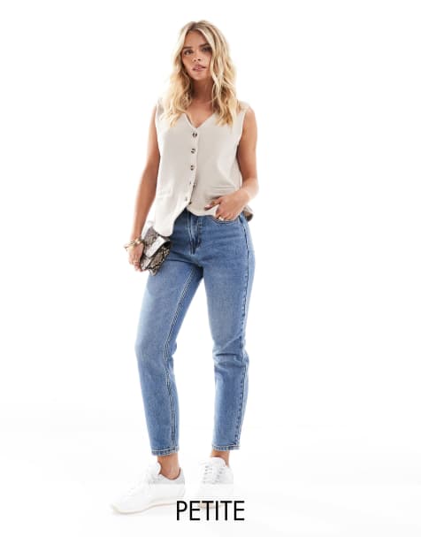 ONLY Petite – Emily – Mellanblå raka jeans med hög midja - view 1