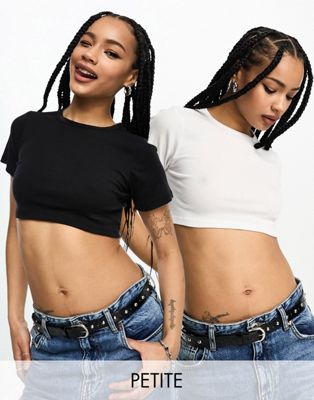 ONLY Petite exclusive 2 pack cropped fitted t-shirts in black and white