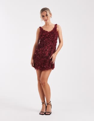 ONLY Petite faux feathers sequined mini dress in burgundy