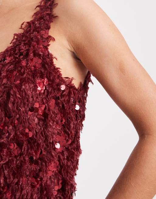 ONLY Petite faux feathers sequined mini dress in burgundy, 2 of 4