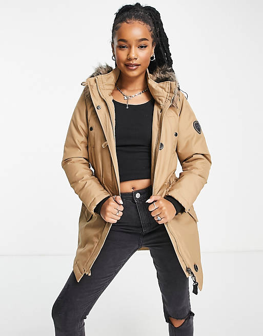 Outlook Political Competitors Only Petite faux fur hood parka coat in camel | ASOS
