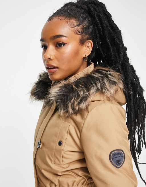 Only Petite faux fur hood parka coat in camel , 4 of 4