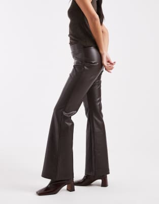 Only Petite Faux Leather Flared Trousers In Brown