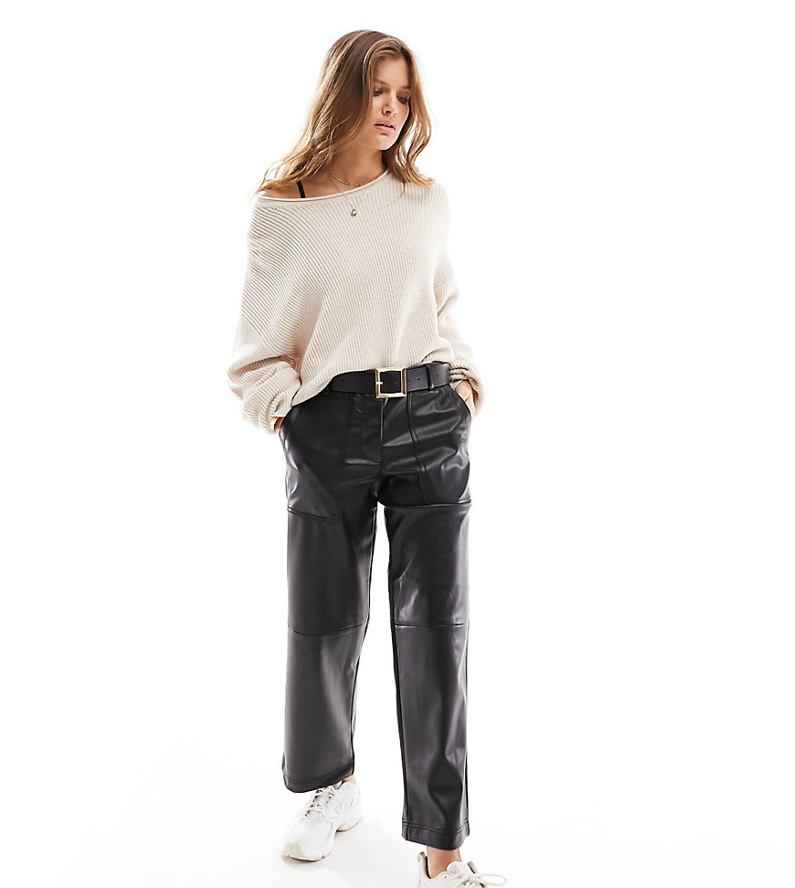 ONLY Petite faux leather straight leg trousers in black