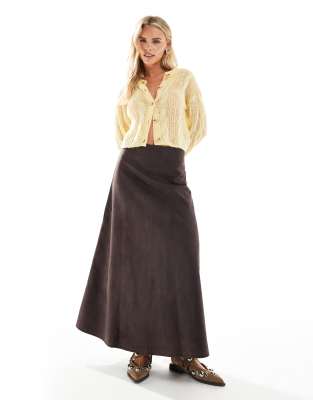 ONLY Petite faux suede maxi skirt in brown