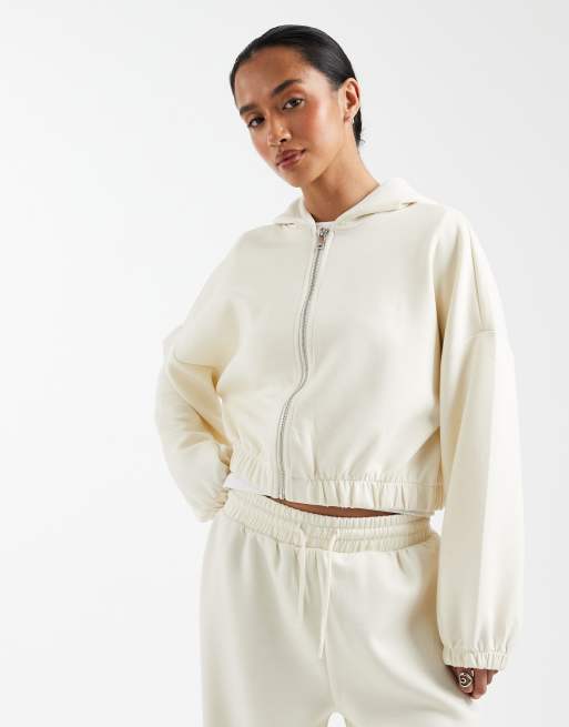 ONLY Petite - Felpa corta con cappuccio morbida color crema in coordinato, 1 di 4