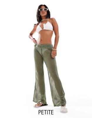 ONLY Petite flare beach trousers with folded waistband in light green-Red