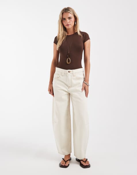 ONLY Petite – Frankie – Barrel-Leg-Jeans in Ecru mit hohem Bund - view 1