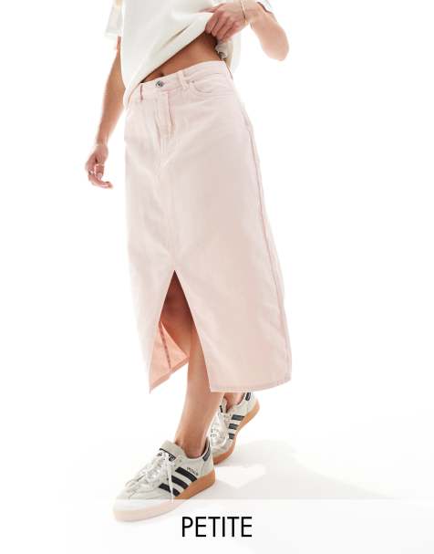 ONLY Petite front slit twill midi skirt in pale pink 