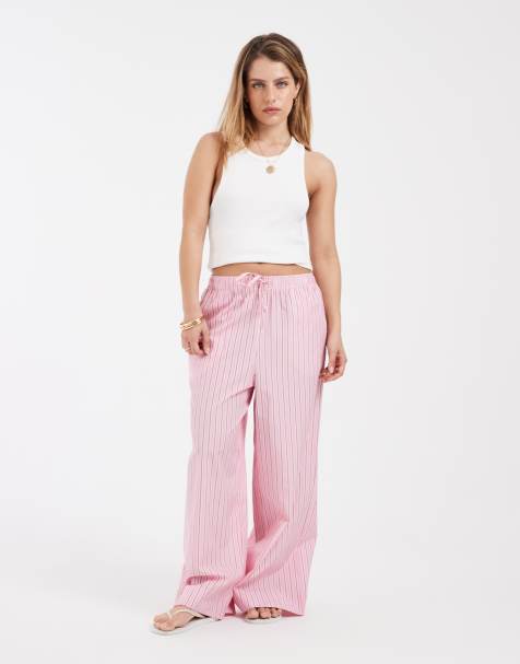 ONLY Petite - Gestreepte broek met wijde pijpen in roze - view 1