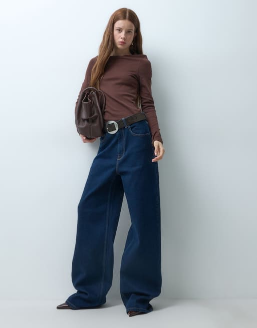 ONLY Petite Hannah ekstra højtaljede jeans med brede ben i mørkeblå rinse, 2 af 5