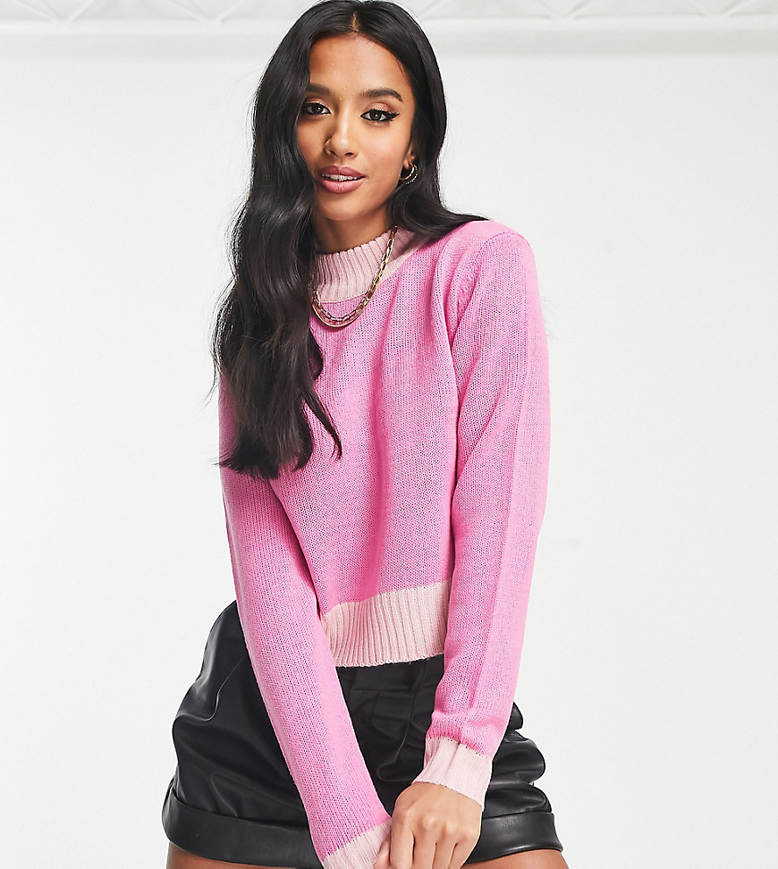 Only Petite high neck cropped jumper in candy pink colourblock