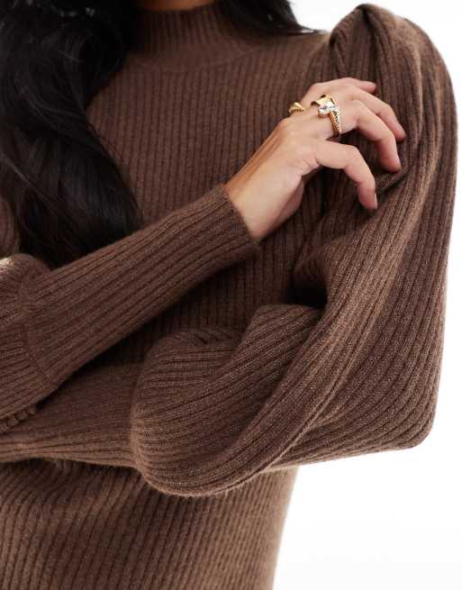 ONLY Petite high neck jumper dress with bell sleeve in brown , 4 of 4