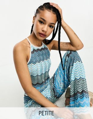 Only Petite high neck knitted top co-ord in blue glitter chevron print