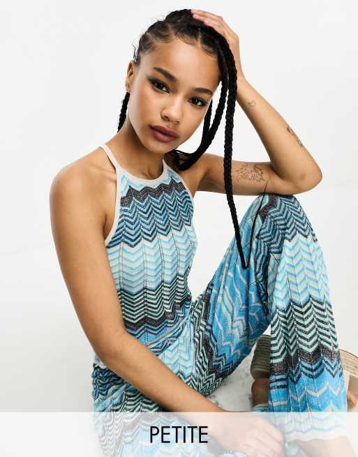 Only Petite high neck top & straight leg pants set in blue glitter chevron  | ASOS