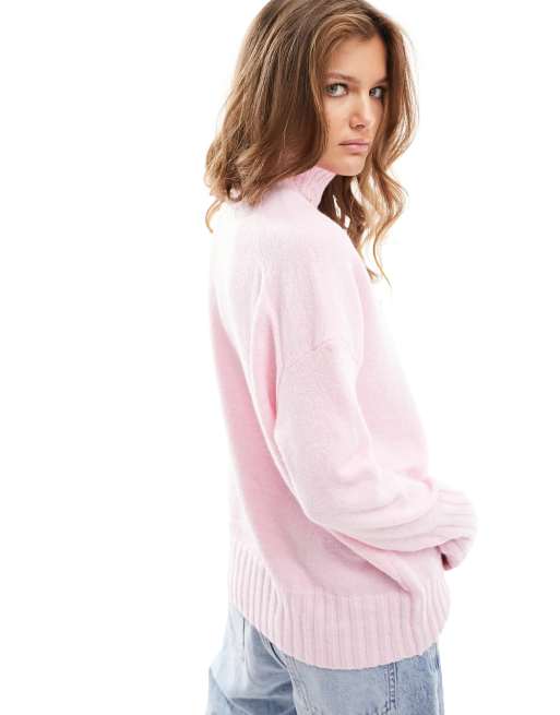 ONLY Petite high neck ribbed longline jumper in baby pink