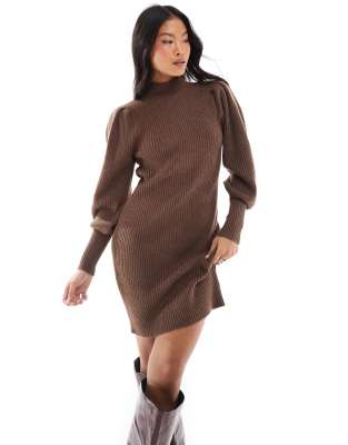 high neck sweater dress with bell sleeves in brown