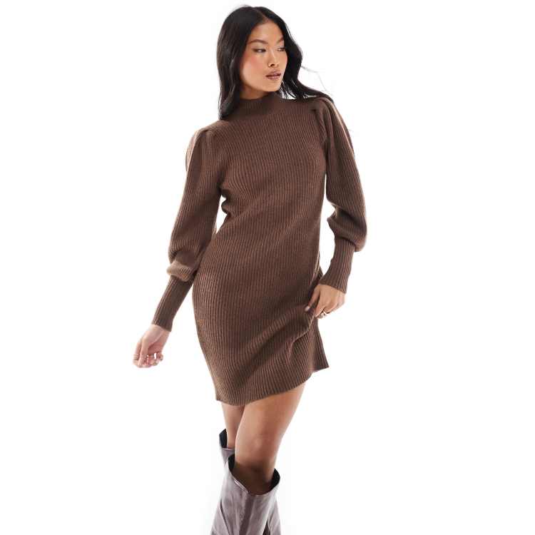 ONLY Petite high neck sweater dress with bell sleeves in brown | ASOS