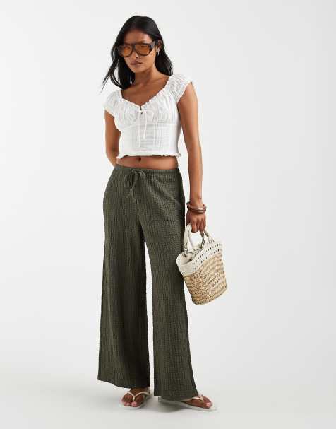 ONLY Petite high waist crinkle textured pants in olive green - view 1