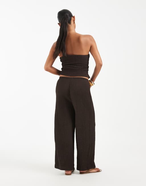 ONLY Petite high waist crinkle textured trousers co-ord in dark brown, 3 of 5