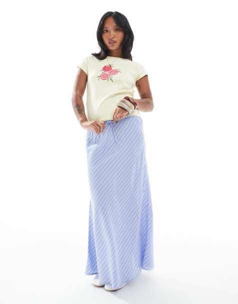 ONLY Petite high waist maxi skirt in diagonal blue stripes - view 1