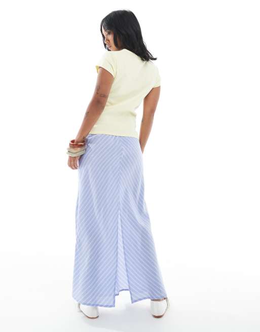 ONLY Petite high waist maxi skirt in diagonal blue stripes, 4 of 5
