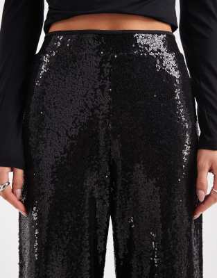 Only Petite High Waist Pull On Sequins Trousers In Black