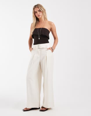 ONLY Petite high waist wide leg tailored pants in cream