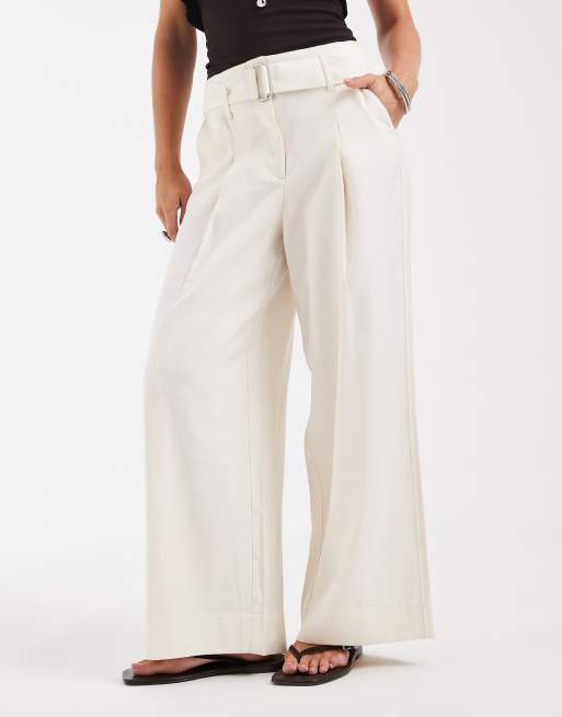ONLY Petite high waist wide leg tailored pants in cream, 2 of 5