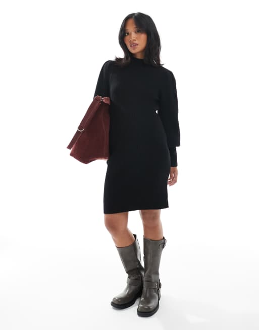 ONLY Petite – Hochgeschlossenes Pulloverkleid in Schwarz mit Puffärmeln