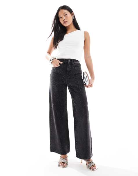 ONLY Petite Hope wide leg jeans with rhinestones in washed black