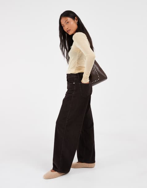 ONLY Petite Hope high waist wide leg cord trousers in dark brown - view 1
