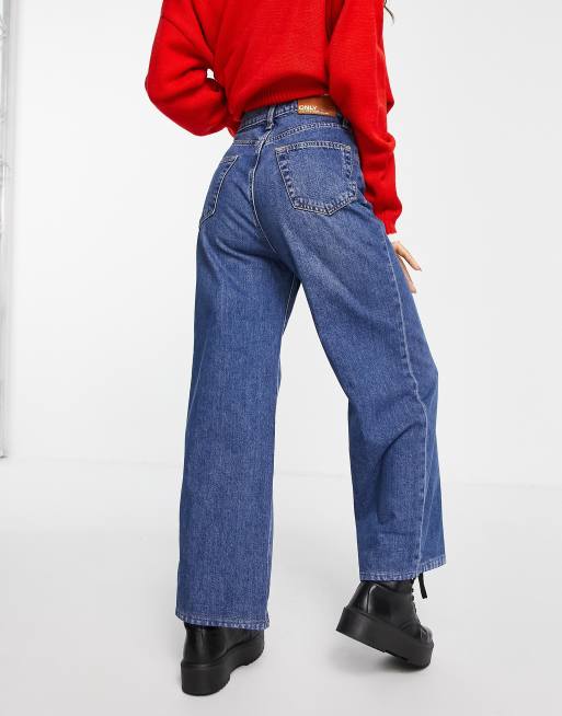 Only Petite Hope high waisted wide leg jeans in medium blue, 2 of 4