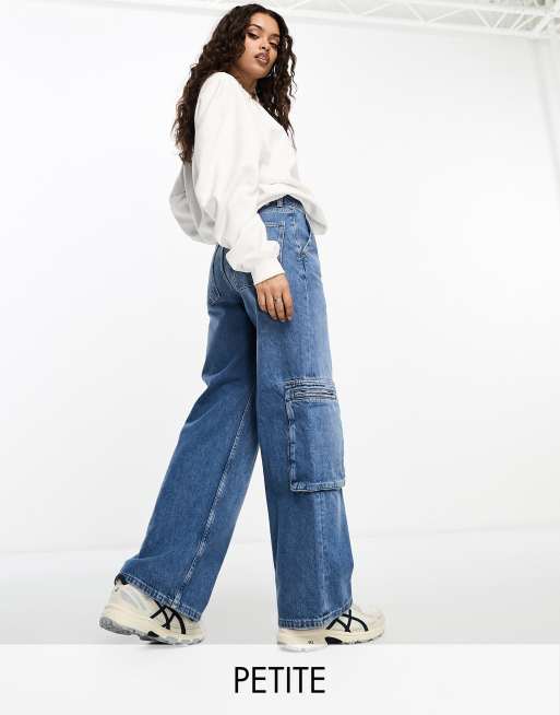 Denim Revolution Mid Blue Cargo Denim Wide Leg Stretch Jean