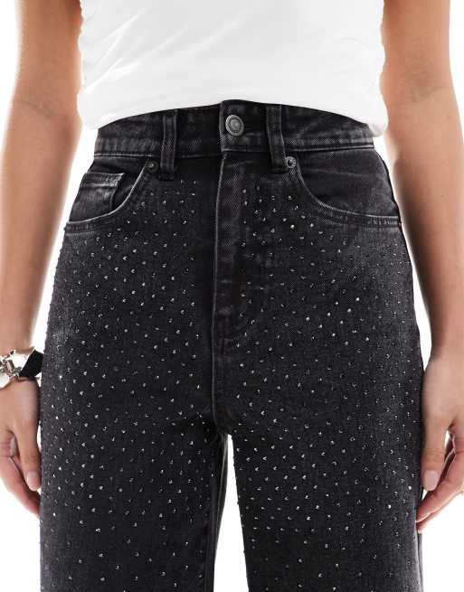 ONLY Petite Hope wide leg jeans with rhinestones in washed black