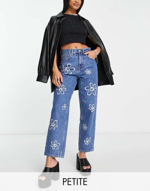 Only Petite - Jeans met hoge taille en rechte pijpen met bloemenprint in middenblauw