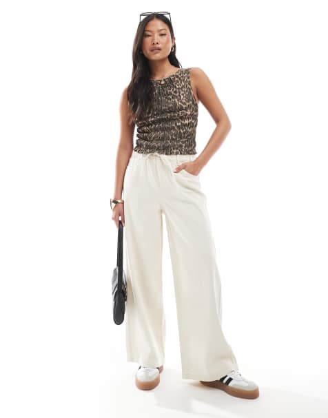 ONLY Petite - Jeans met wijde pijpen en gestrikte taille in ecru - view 1