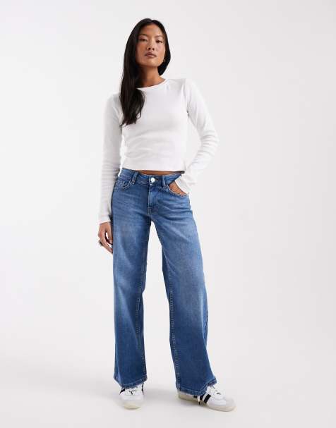 ONLY Petite Judy low rise wide leg jeans in mid blue denim