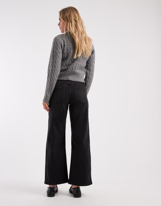 ONLY Petite – Judy – Svarta, tvättade jeans med vida ben och låg midja, 2 av 5