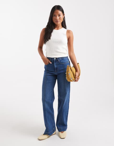 ONLY Petite Juicy high waist wide leg jeans with pintuck details in dark blue denim - view 1