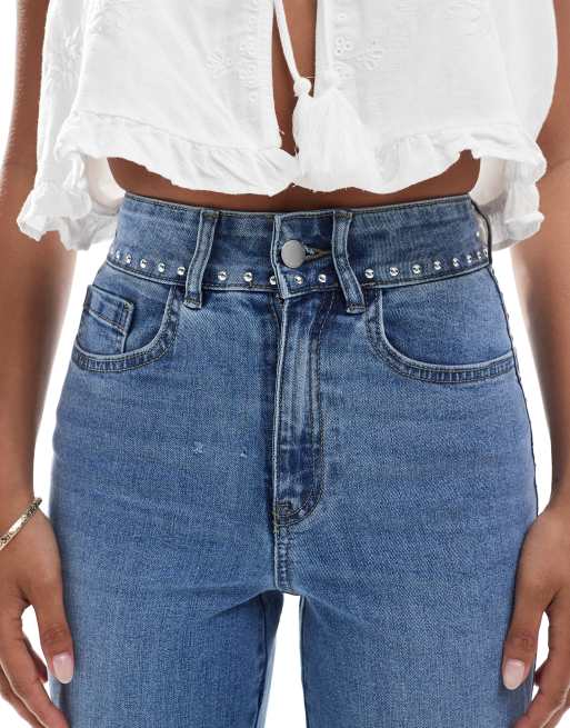 ONLY Petite Juicy high waist wide leg jeans with stud in light wash, 4 of 5