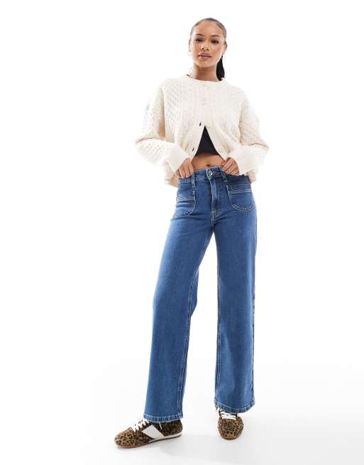 Only Petite - Juicy - Højtaljede jeans med vide ben og lommedetalje i mellemvasket blå