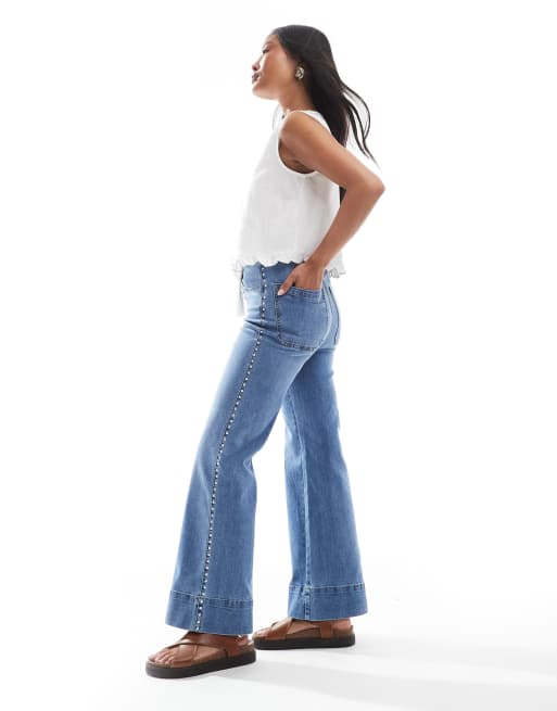 ONLY Petite - Juicy - Jeans met wijde pijpen, hoge taille en studs in lichte wassing, 2 van 5