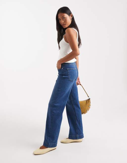 ONLY Petite – Juicy – Mörkblå jeans med vida ben, stråveck och hög midja, 2 av 5
