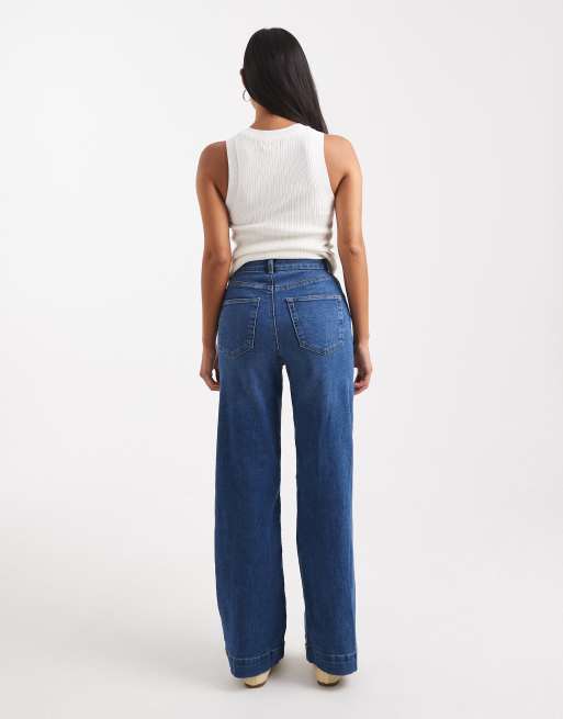 ONLY Petite – Juicy – Mörkblå jeans med vida ben, stråveck och hög midja, 3 av 5
