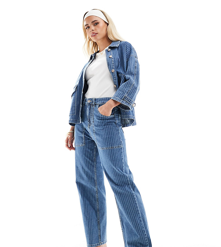 Only Petite Kirsi High Waisted Wide Leg Cargo Jeans In Blue And White Stripe - Part Of A Set