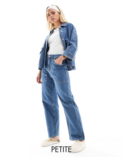 ONLY Petite Kirsi high waisted wide leg cargo jeans in blue and white stripe (part of a set) 
