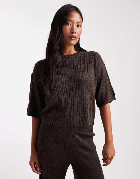 ONLY Petite knit top in chocolate brown - part of a set - view 1