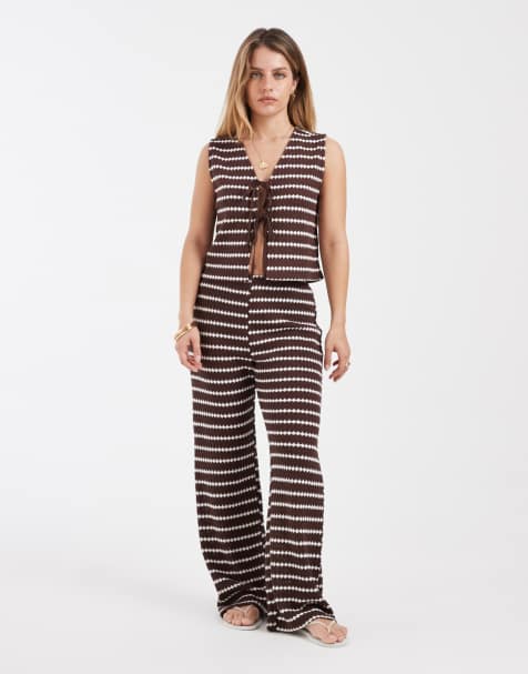 ONLY Petite knit trousers & vest co-ord in brown stripes - view 1
