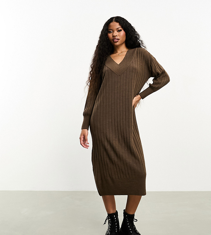 Only Petite Knit V-neck Maxi Dress In Brown